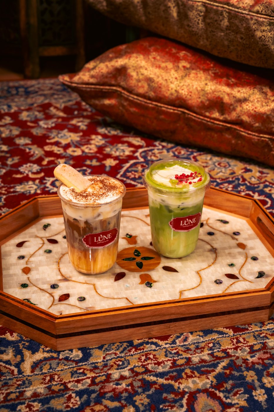 Tiramisu and matcha lattes